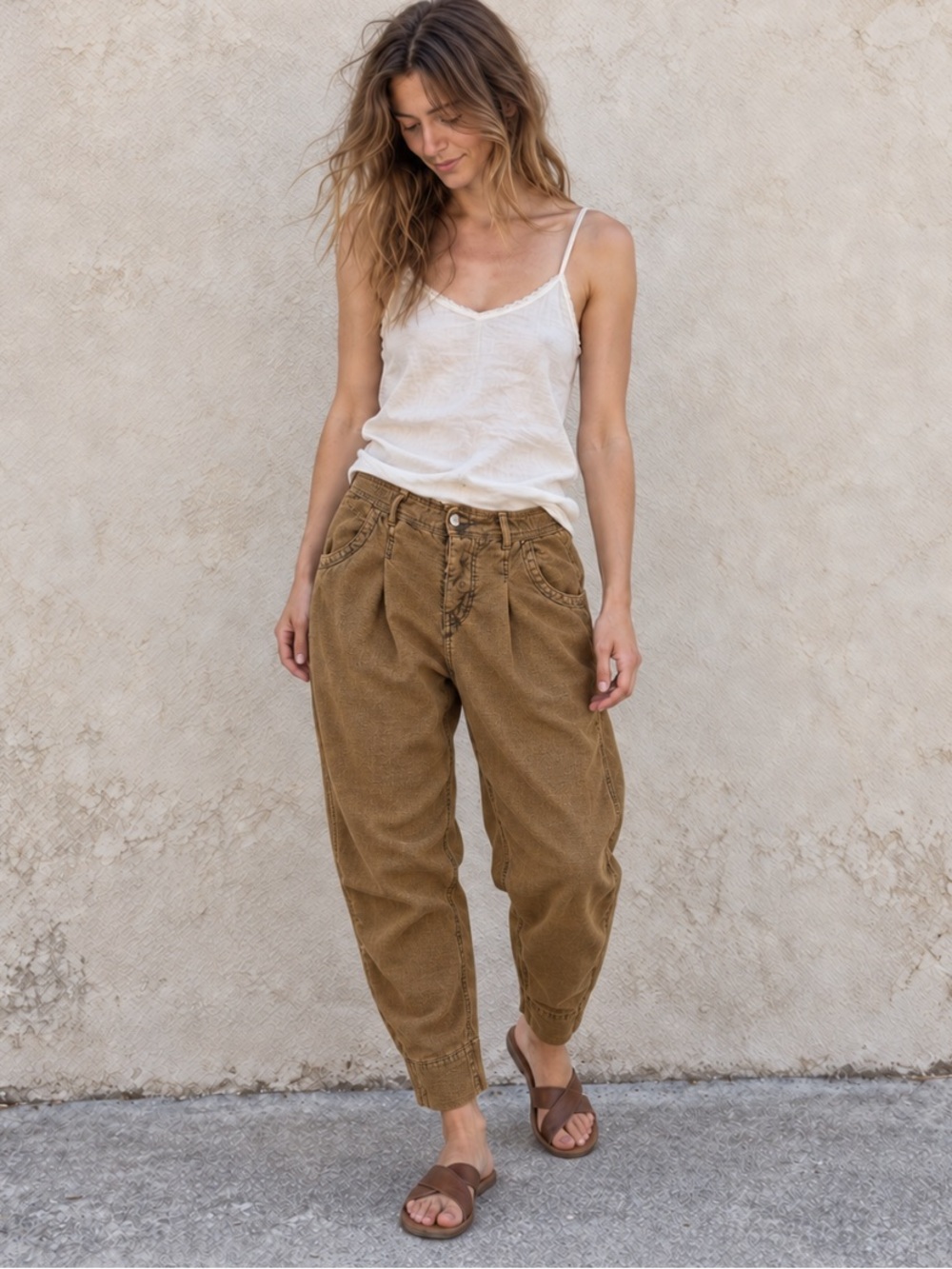 Free People Linen Tencel Barrel Jogger Pants Mustard Brown Size 0 XS